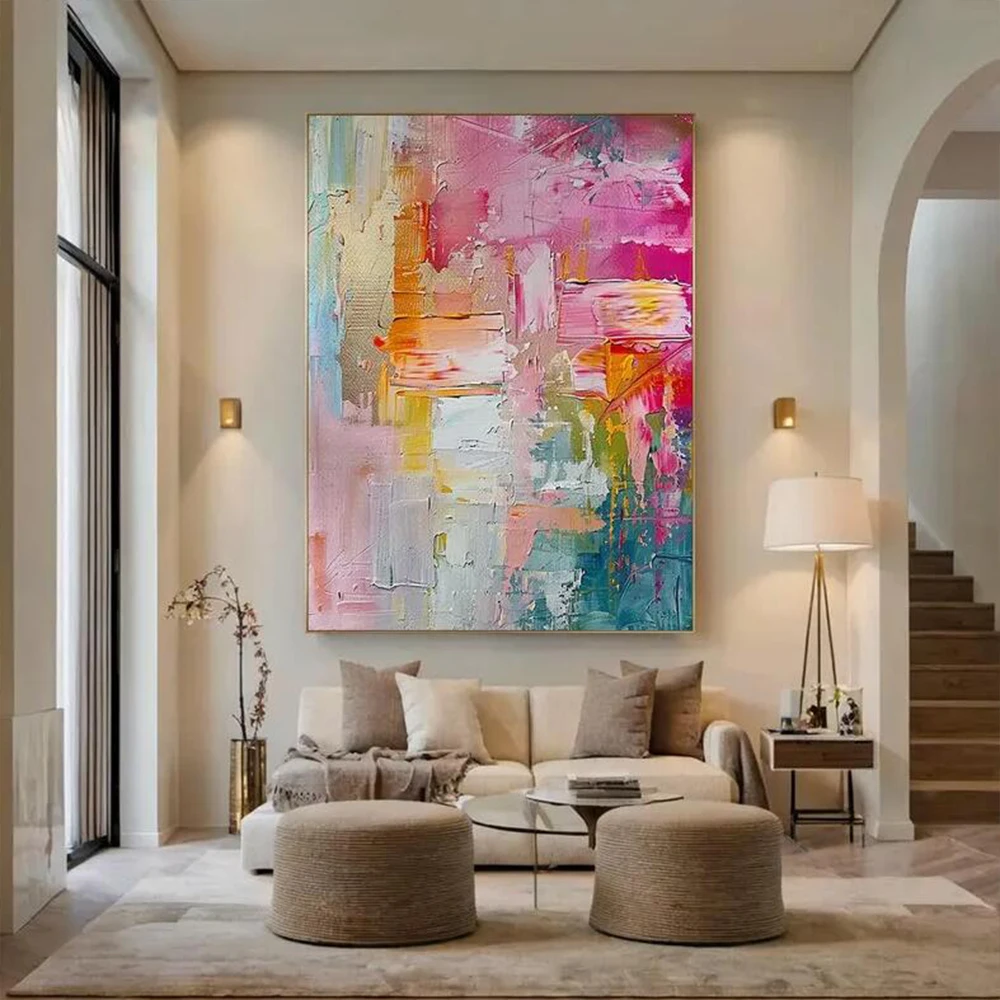 Large Pink Abstract Oil Painting – Handmade Colorful Wall Art for Living Room, Modern Feminine Office or Bedroom Decor Canvas