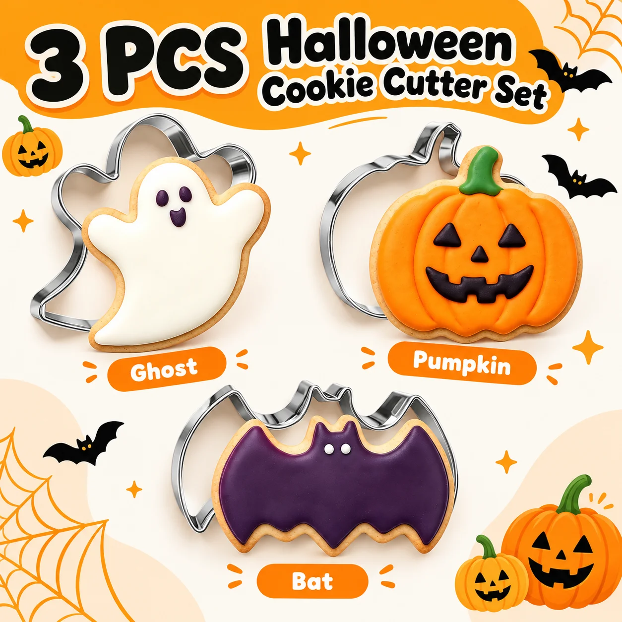 3-teiliges Halloween-Ausstechformen-Set aus lebensmittelechtem Edelstahl, Fledermaus-, Kürbis- und Geisterformen für Süßigkeiten, Obst, Pfannkuchen, Feiertags- und Heimbackwaren – Detail 1