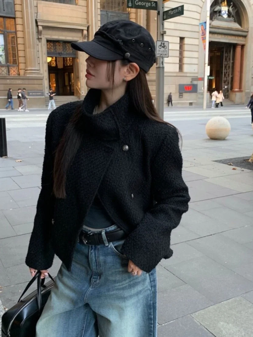 Elegant Black Tweed Jacket Women's Autumn Winter Double-breasted Stand Collar Coat Stylish Design Casual Chic Outerwear