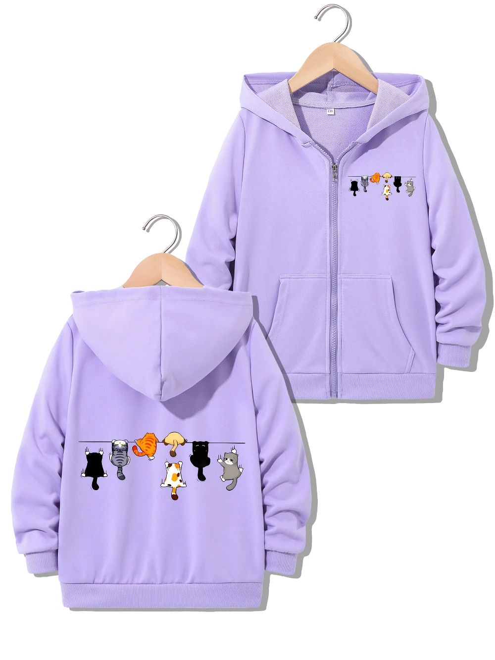 Kids Girls Purple Cute Hanging Cats Graphic Printed Zip Up Hoodie Teen Kitten Sweatshirt Jacket Autumn Winter Coat
