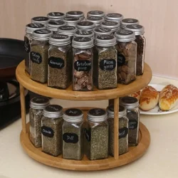 Bamboo turntable spice rack 2-layer bamboo kitchen counter top cabinet, rotary condiment storage box, cosmetics shelf