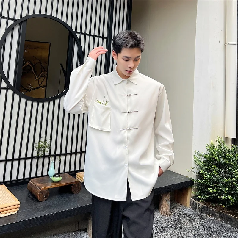 

Мужская осенняя рубашка с длинным рукавом, вышивкой и металлическими пуговицами, повседневная, свободного кроя, из полиэстера, в винтажном китайском стиле