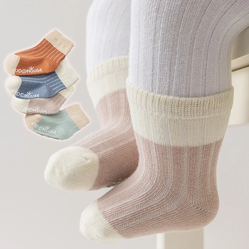 Newborn Baby Contrast Color Combed Cotton Soft Non-Slip Socks with Rubber Bottom Comfortable Skin-Friendly Casual Mid-Tube Socks