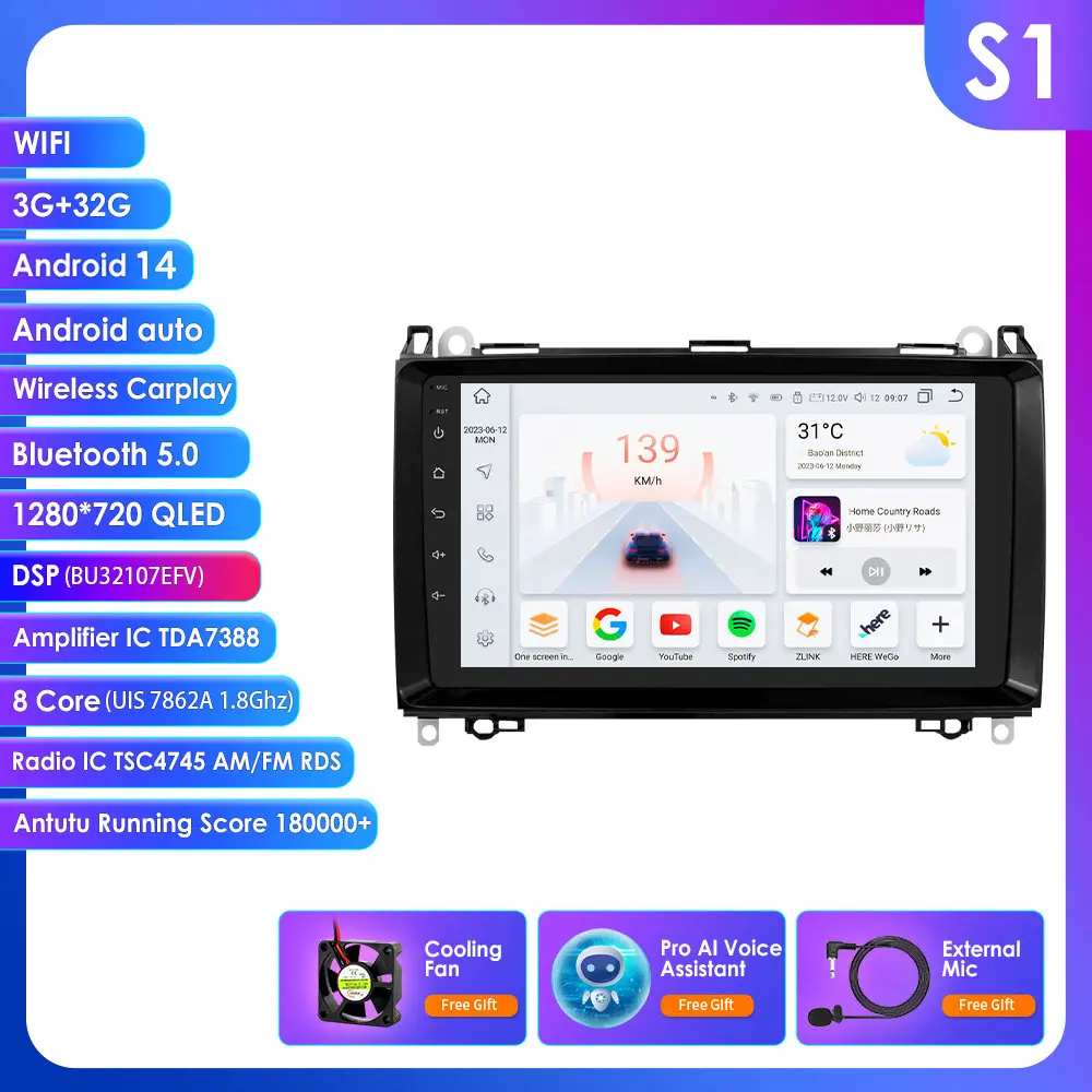 9'' Carplay 4G 2 Din Android Auto Radio Voor Mercedes Benz A B Klasse B200 W169 W245 B200 W906 2500 Sprinter 3500 W639 Vito Viano Vw