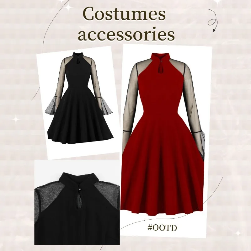 ثوب مسائي نسائي للهالوين شبكي بأكمام جرس نصف رقبة عالية فستان ساحرة إكسسوارات أزياء