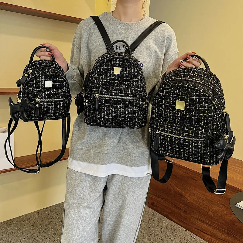 Vintage Women Tweed Backpacks Patchwork Plaid Print Large Capacity Female Casual School Bag Large Capacity Commute Shoulder Pack