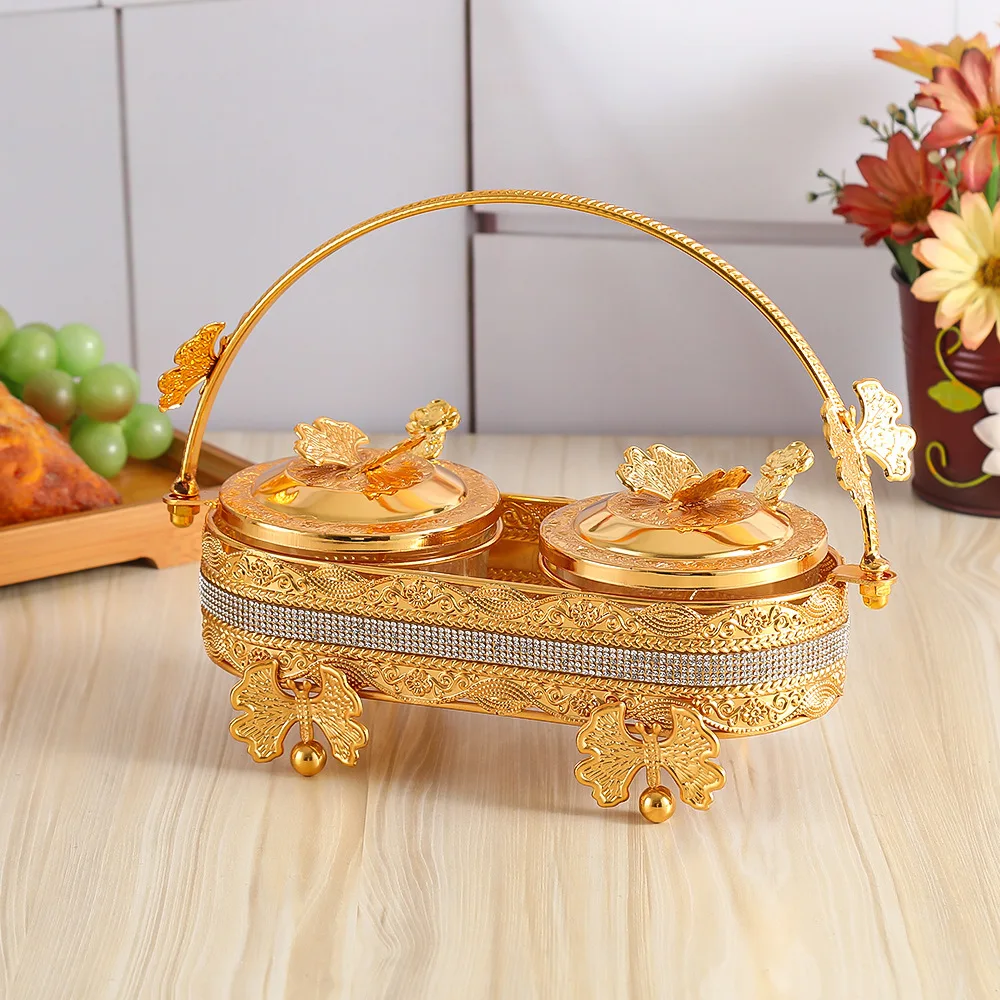 Creative Golden Hollow Metal Sugar Jar High-Grade Butterfly Basket Base Seasoning Jar Lid Spoon Northern Europe Kitchen Supplies