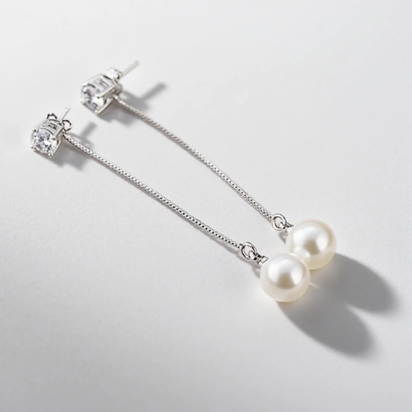 Mode Silber-farbe Perle Anhänger Lange Kette Zirkonia Frau Ohrringe Braut Hochzeit Schmuck Tropfen
