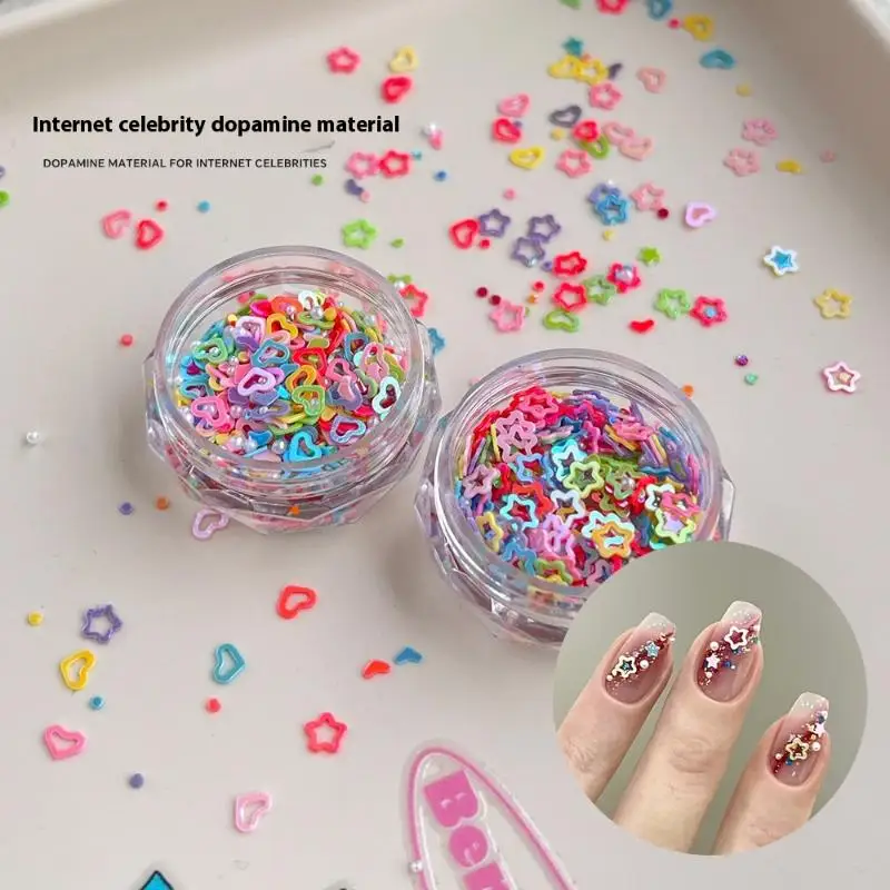 1 caixa de glitter para unhas de dopamina, cores mistas, oco, pentagrama em forma de coração, pérola, arte de unhas, acessórios de decoração de unhas