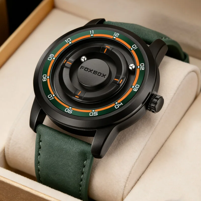 Original FOXBOX Floating Magnetic Ball Mens Watches Belt Quartz Wristwatch Personalized Watch for Man Christmas Gift+Box