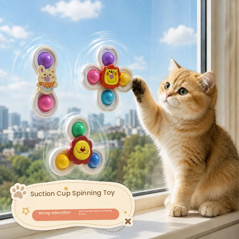 3PCS Kitten Suction Cup Play Toy 360° Rotatable Windmill Bell Stress Relief Pet Accessories