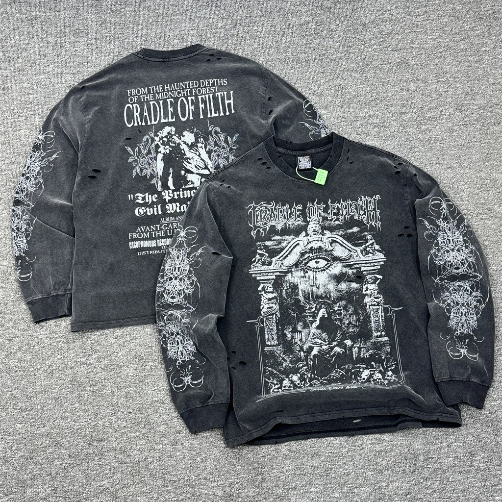 

SAINT OF MICHAEL American Style Fashion Streetwear Vintage Hole Long Sleeves Tee Loose Oversized Tops 100%Cotton T Shirt Men