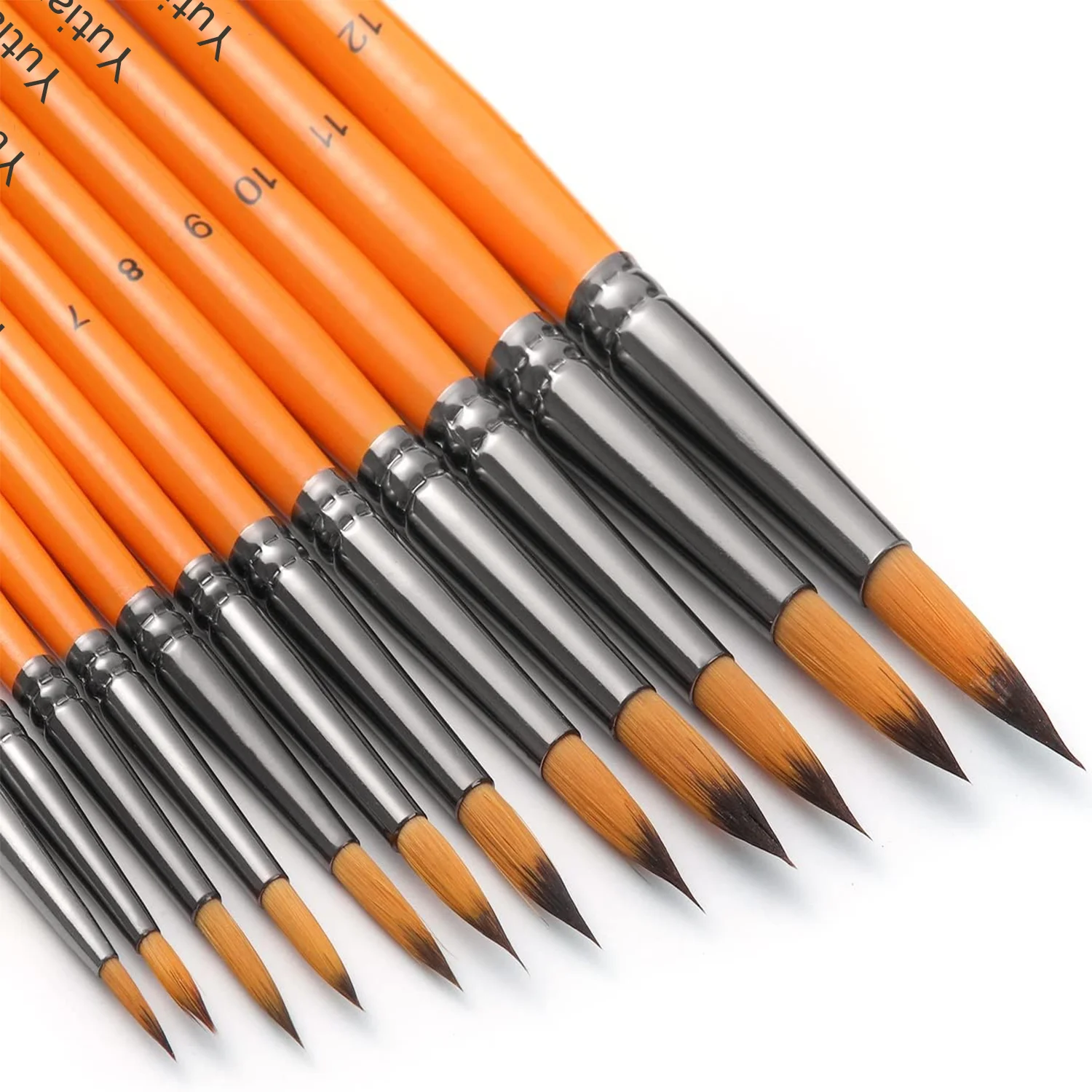 12pcs Different Colors Round Pointed Tip Paint Brushes Set for Watercolor, Acrylics, Ink, Gouache, Oil, Tempera Brown