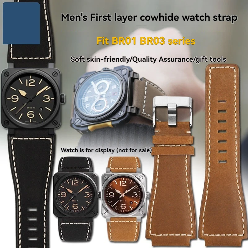 

For Bell&Ross watch strap BR men's watch belt BR01 BR03 Leather watchband bracelet Bell Ross 35X24mm convex interface for men
