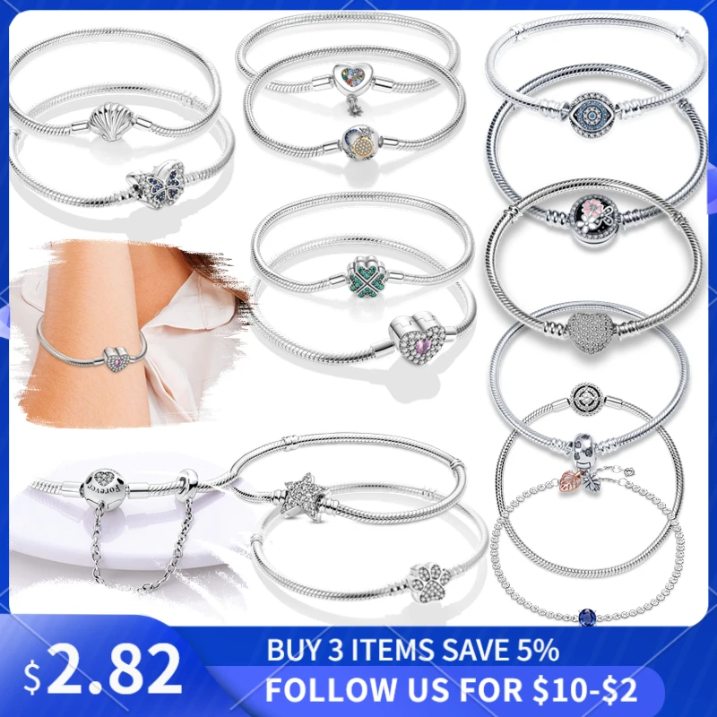 Plata De Ley 925 Original pulseras star heart flower women bracelet evil eye Fit 925 silver original Charm jewelry for women