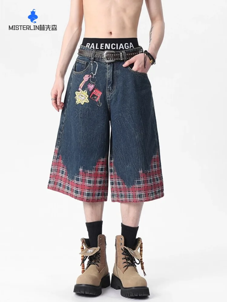 2025 Summer New American Retro Street Style Plaid Denim Capri Pants Fashion Trend Loose Casual Comfortable Shorts for Men