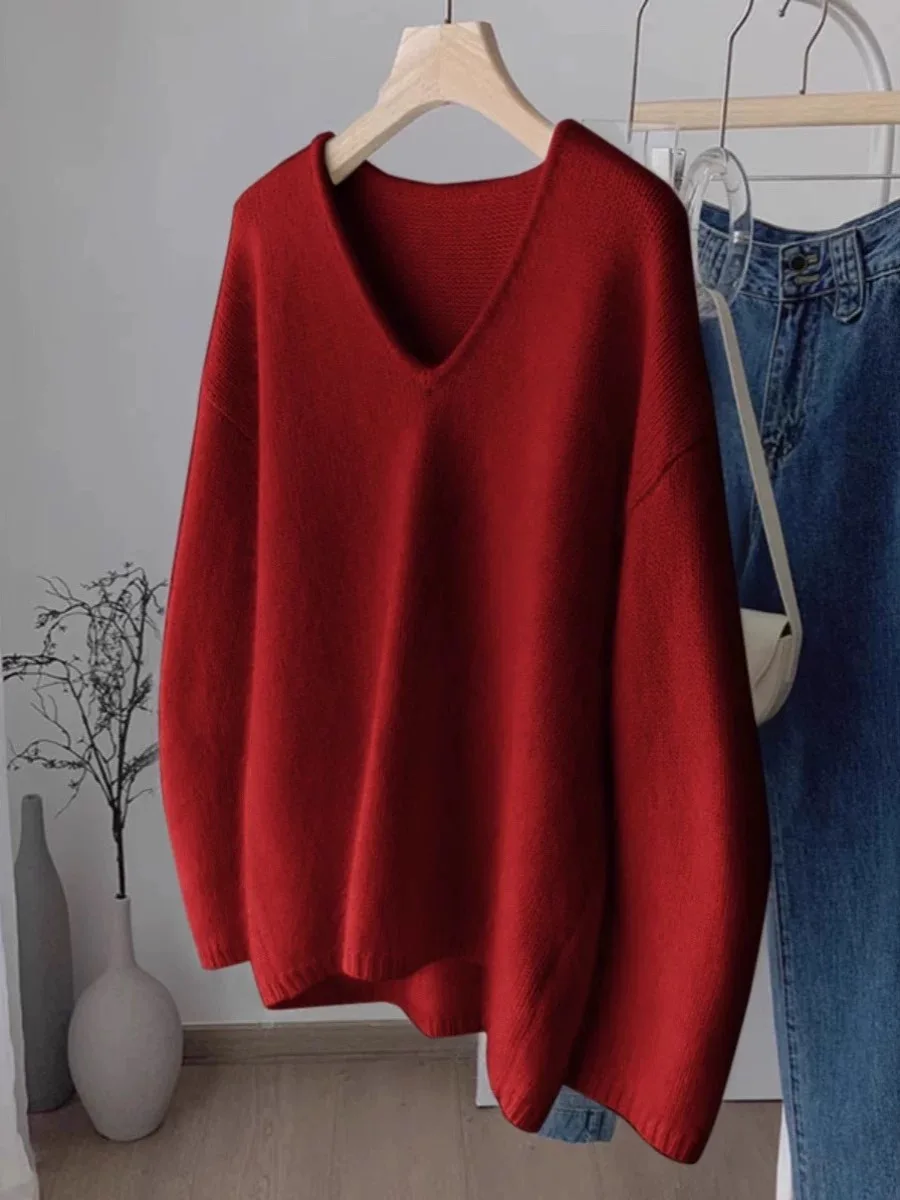เสื้อสเวตเตอร์คอวีผู้หญิงแบบพื้นฐาน ปี 2025 ผลิตจากขนแกะเมอริโน 100% แขนยาว ผ้าถักแคชเมียร์ เสื้อผ้าฤดูใบไม้ร่วงและฤดูหนาว เสื้อผ้าผู้หญิง