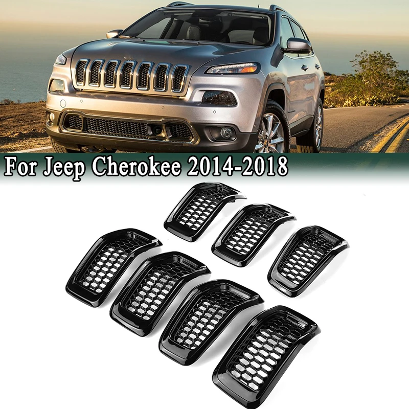 

For Jeep Cherokee 2014-2018 Front Radiator Grille 7Pcs Insert Hood Honeycomb Mesh Black / Chrome 68303626AA, 68303626AC