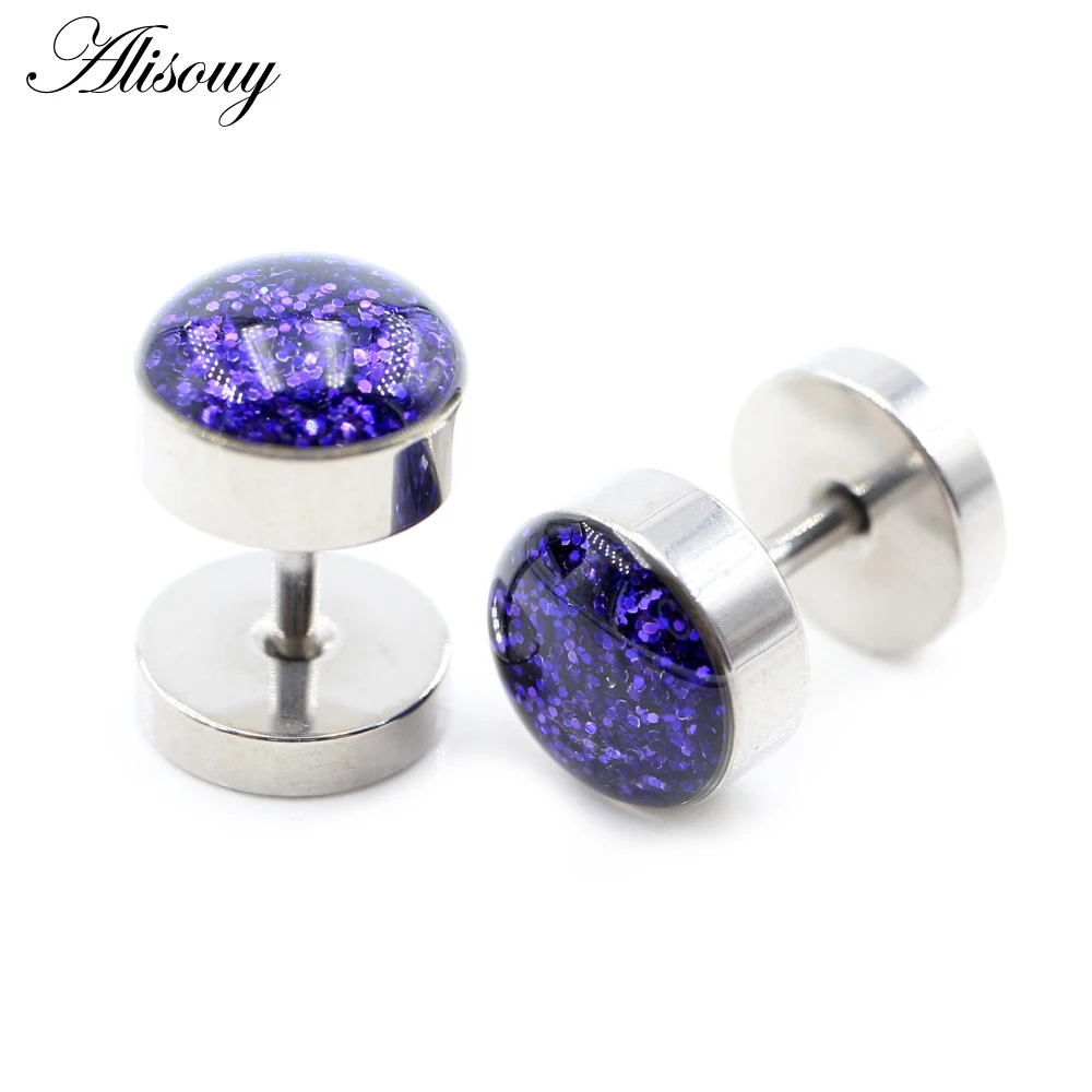 Alisouy 2pcs Glittering Sequin Stainless Steel Men Women Barbell Ear Stud Earring Tragus Helix Piercing Jewelry Fake Ear Plugs