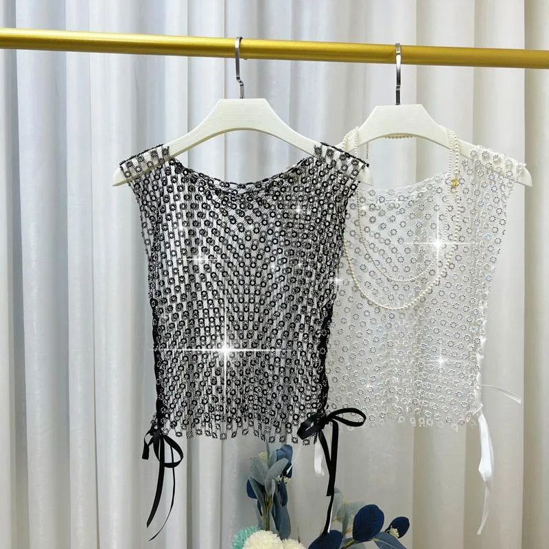 Women Sexy Mesh See Through T Shirt Shiny Rhinestone Y2K Fishnet Hollow Out Crop Top Beach Cover Up Party Sleeveless Tank Tops