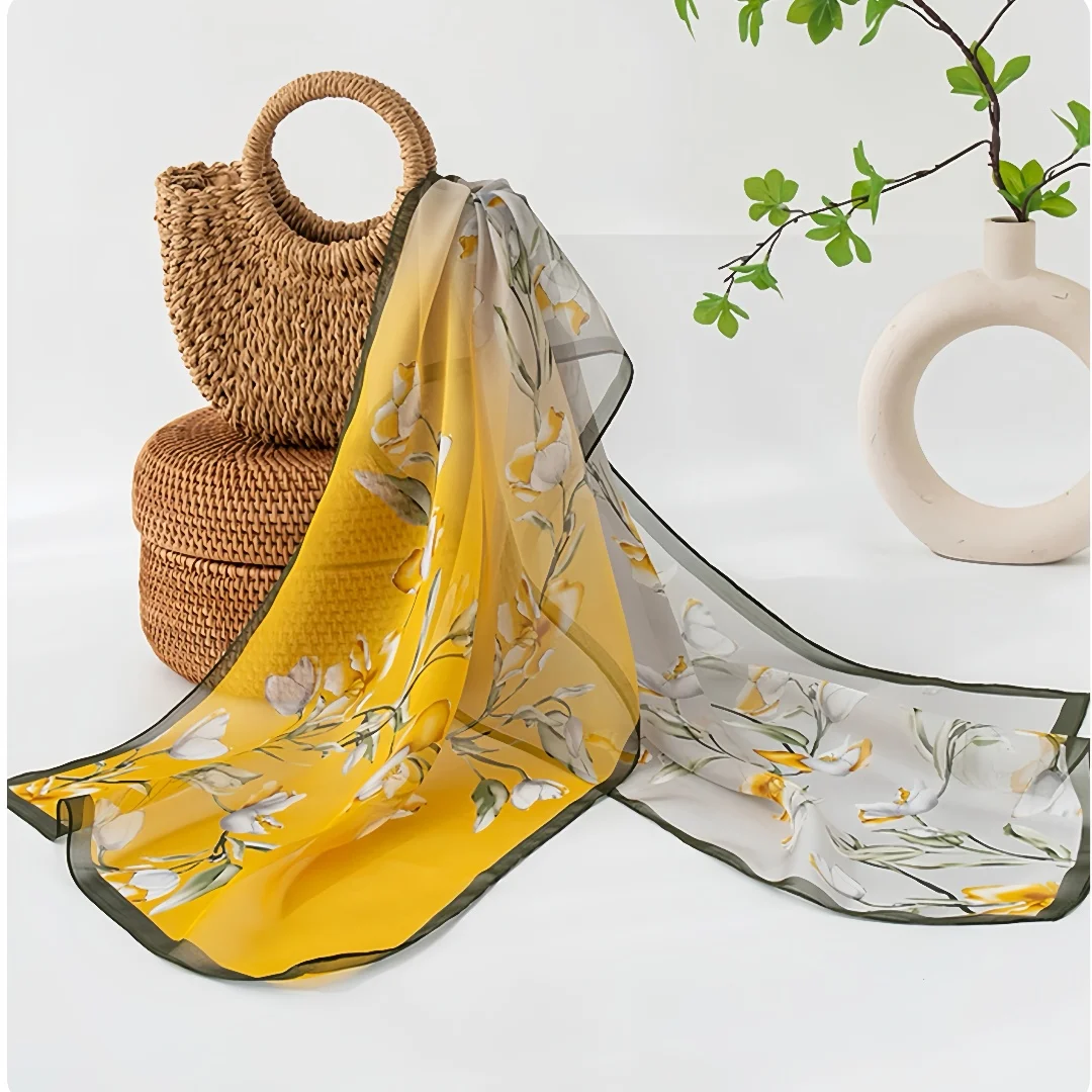

14Color 100% Mulberry Silk Scarf Women Long Floral Daisy Print Shawl Lightweight Breathable Autumn Hijab Elegant Mother Day Gift