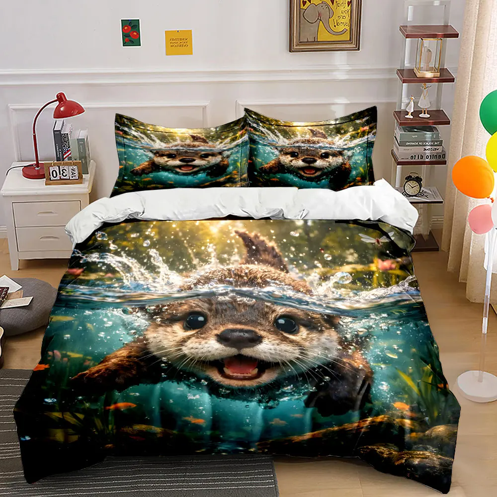 Playful otter swimming energetically Print Bedding set 3PC 1 duvet cover 2 pillowcases adult and children bedding set Luxury