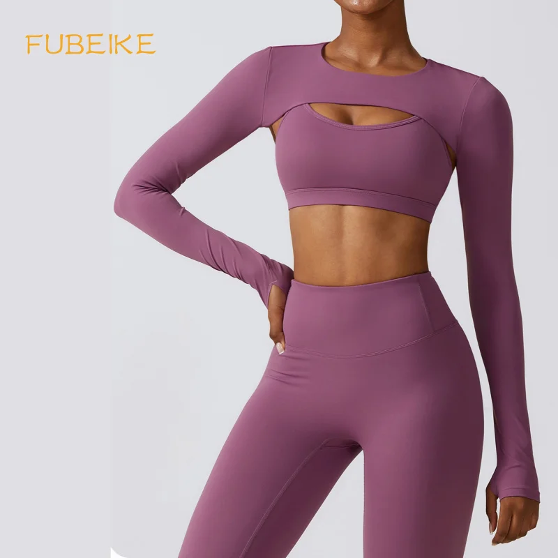 FUBEIKE Women Crop Tops Long Sleeve Breathable Running Outer Wear Sports Waistcoat Long Sleeved Shawl Workout Yoga Clothes