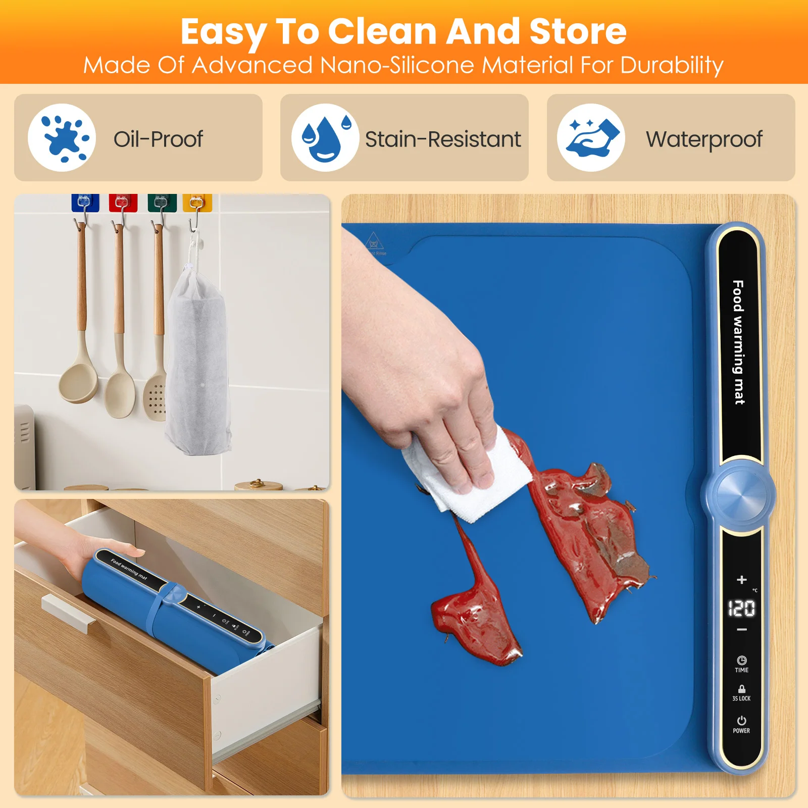 Tappetino riscaldante in silicone per vassoio riscaldante per alimenti Scaldavivande portatile per feste Controllo del tempo della temperatura regolabile Blu cielo