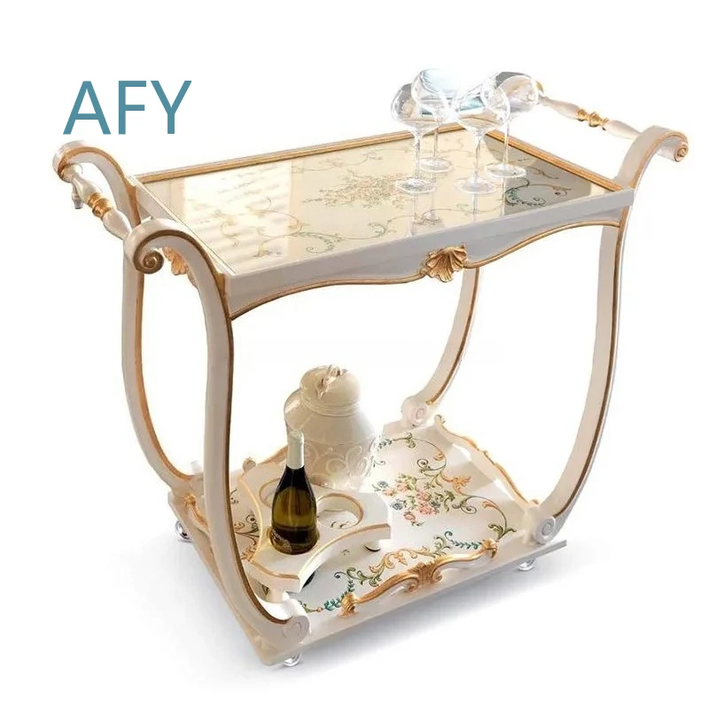 2 Tier Wooden Bar Service Cart for Hotel Kitchen Trolley with 4 Wheels for European Restaurant Drink Cart for Commercial Use