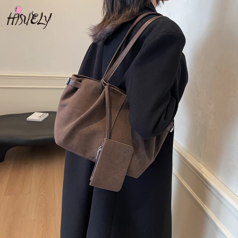 

Solid Color Casual Women Suede Tote Bag Inner Pocket Large Capacity Underarm Bag Zipper Satchel Travel Shoulder Bag for Work
