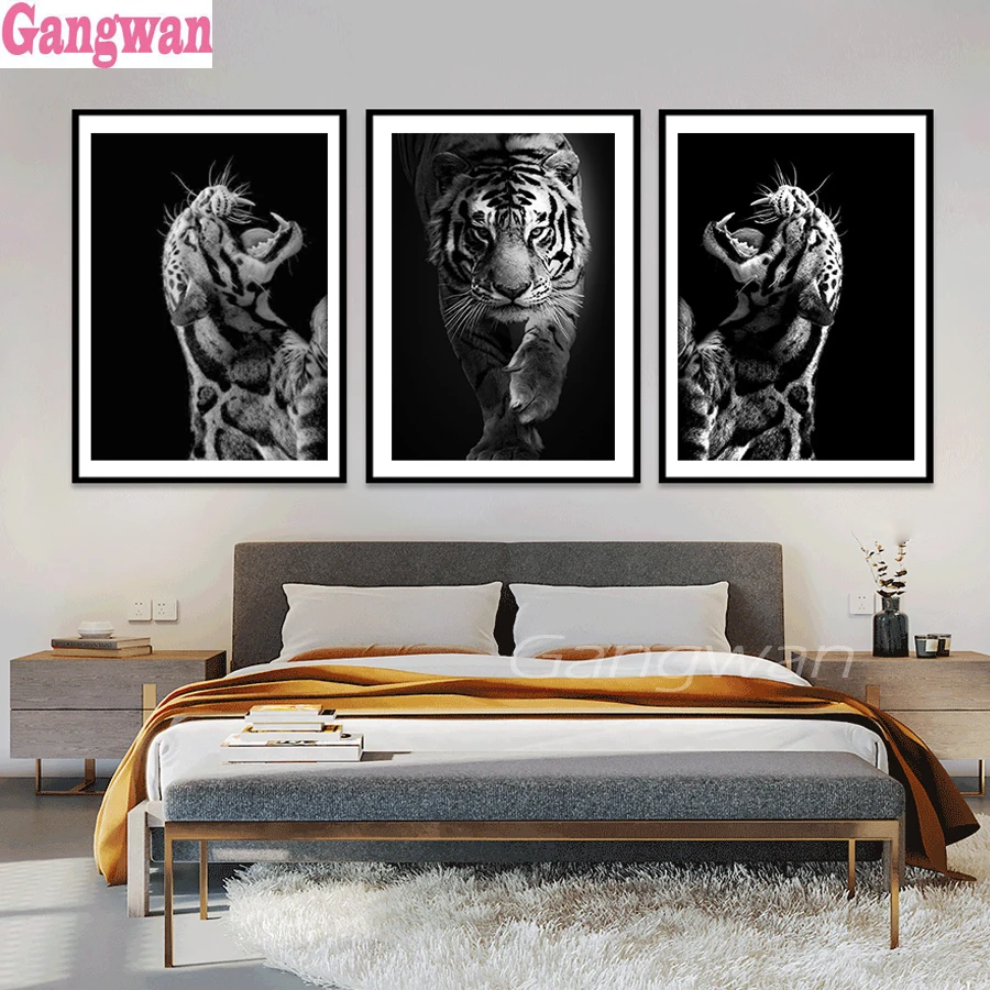 

5d diamond painting kits Black White tigers Abstract aniamls Canva Art full diamond embroidery full square round drill Triptych