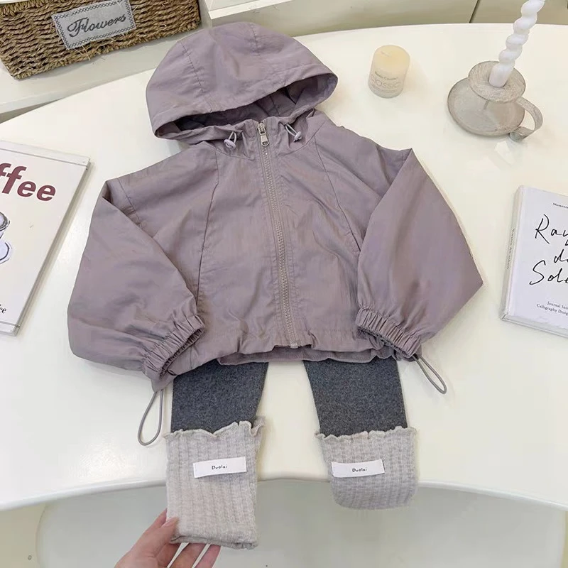 

Girls Windbreaker Jacket Set New Autumn 2025 Kids Fashion Casual Daily Solid Color Hooded Sport Coat and Leggings 2-Piece Set