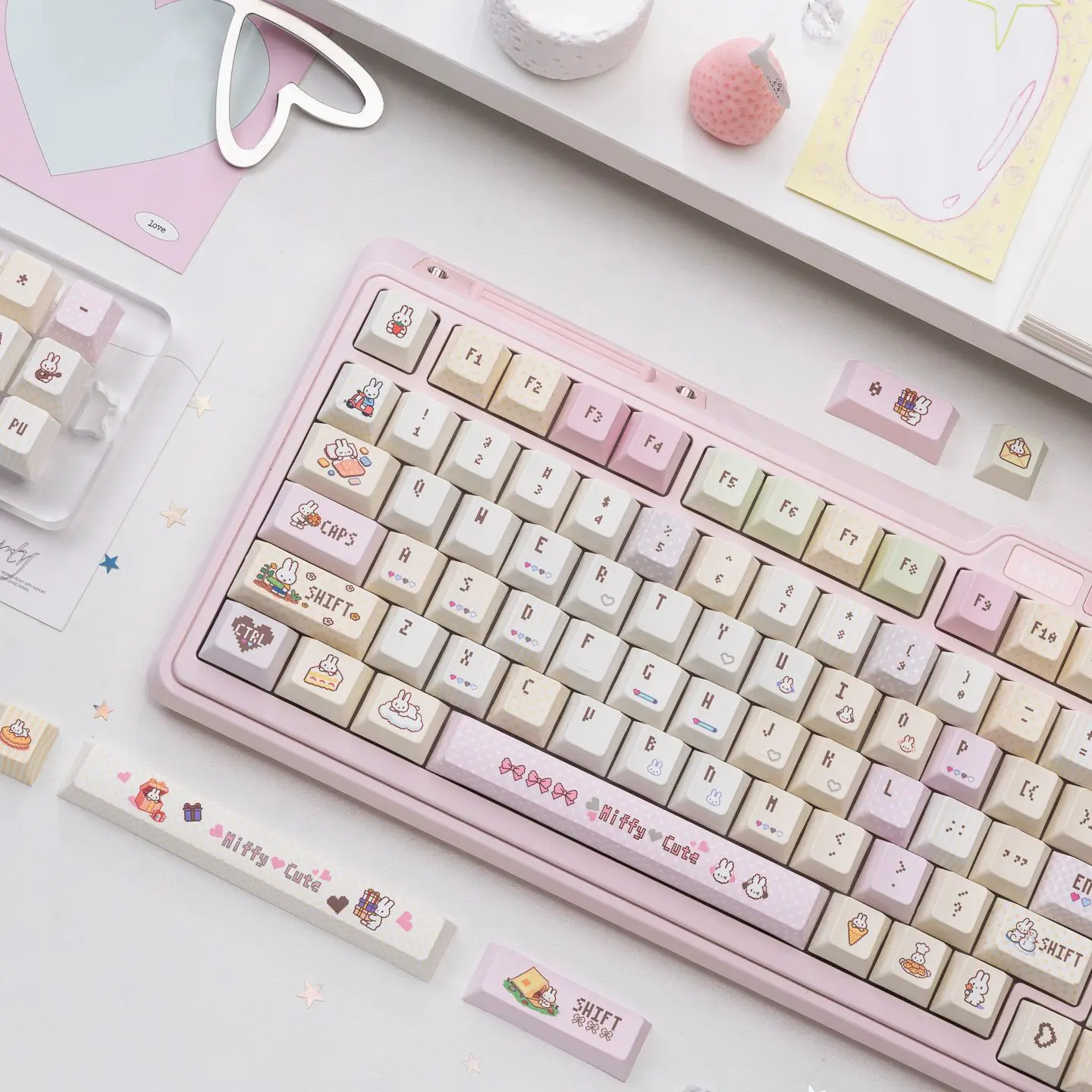 Pixel Miffy Cute Keycaps PBT Five Side Dye-Sub OEM Height Custom Mechanical Keyboard Replacement Key Caps Cartoon Kawaii Lovley