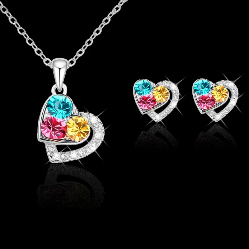 925 Sterling Silber Farbe Schmuck Sets für Frauen Geburtstag Valentinstag Zirkon Zirkon Strass Herz Ohr stecker Anhänger Halskette