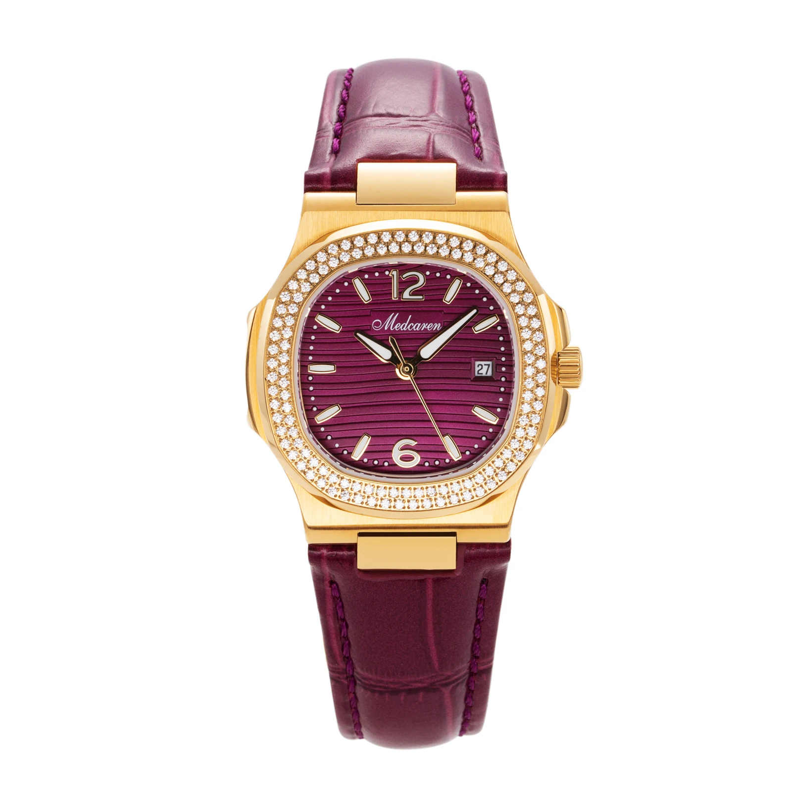 

Элегантные женские кварцевые часы с 24-каратным золотом, 30,5 мм, с фиолетовым кожаным ремешком, календарем, водонепроницаемые, для делового и повседневного ношения
