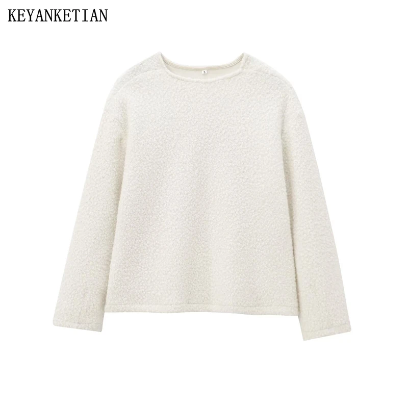 KEYANKETIAN Winter New Women's Boucle Fleece O-Neck Hoodies Pullover Simple style Oversize Loose Long Sleeve Cropped Sweatshirts