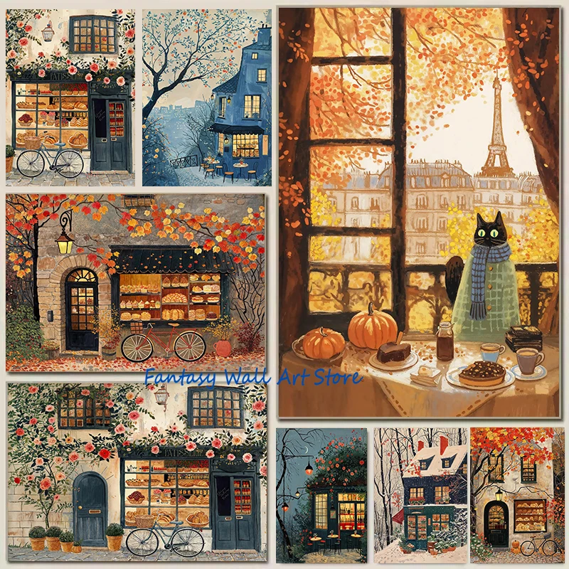 Cozy Autumn Winter French Street Patisserie Bakery Cafe Winter Bakery Watercolor Poster Canvas Painting Wall Pictures Home Decor