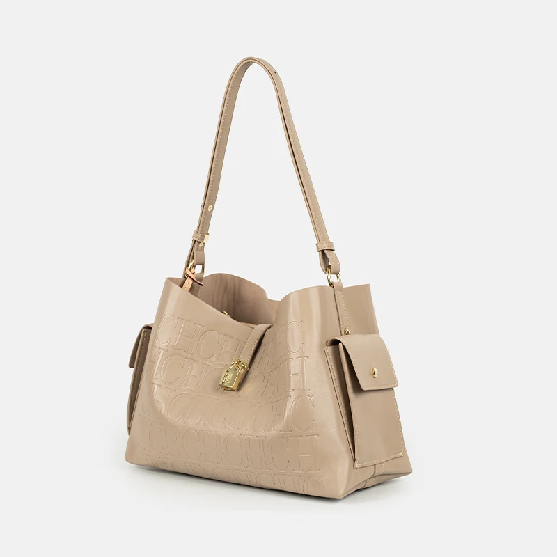 CH Monogram Embossed Hobo Shoulder Bag Large Capacity Soft Leather Handbag For Women Daily Work Commute And Travel image 5