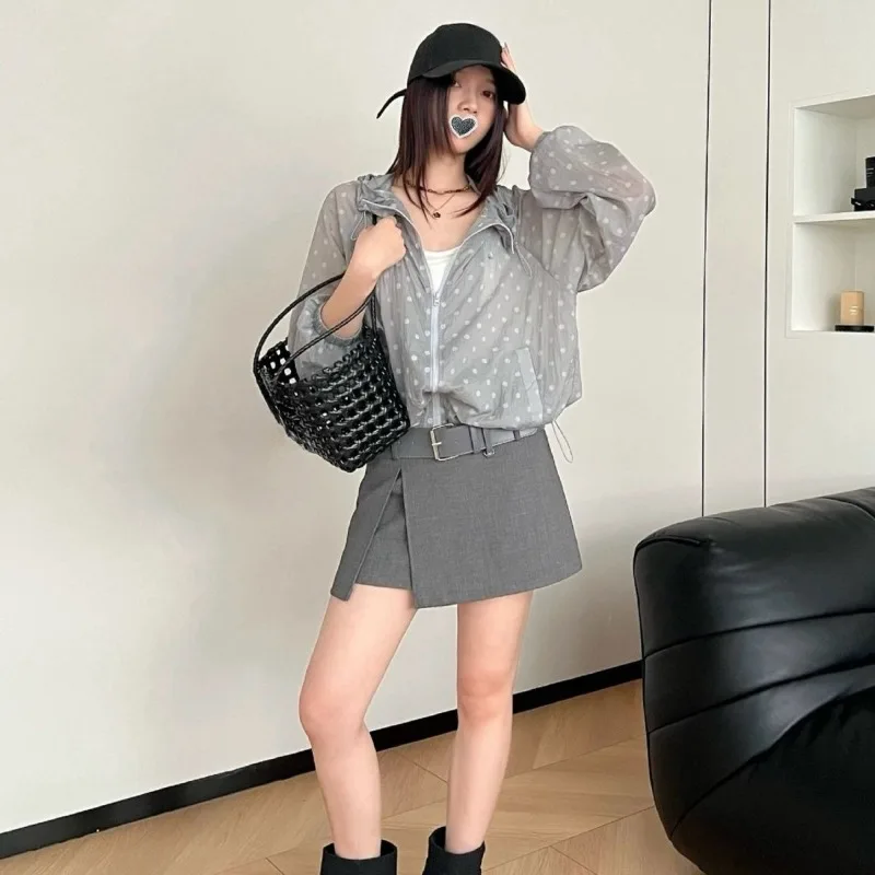 Kimutomo Women Polka Dot Mesh Hoodie Jacket Ruffle Zipper Top See Through Y2K Harajuku Office Siren Aesthetic Summer Jacket 2026