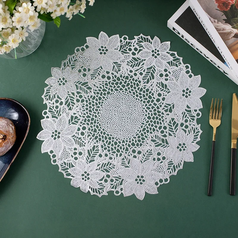 Solid Color Hollow Flower Pvc Placemat Waterproof Heat-Insulating Garland Cup Coasters 6Pcs Soft Restaurant Hotel Tableware Mats 5