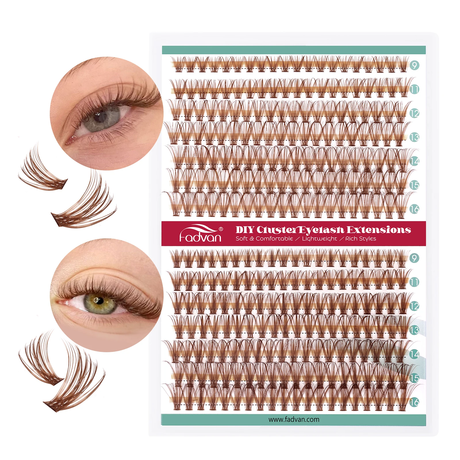 FADVAN Wimpern 30D+40D Braun 14-reihige Cluster-Wimpern oben unten 0,07 D Mix9-16 segmentierte Verlängerungsion DIY falsche Wimpern