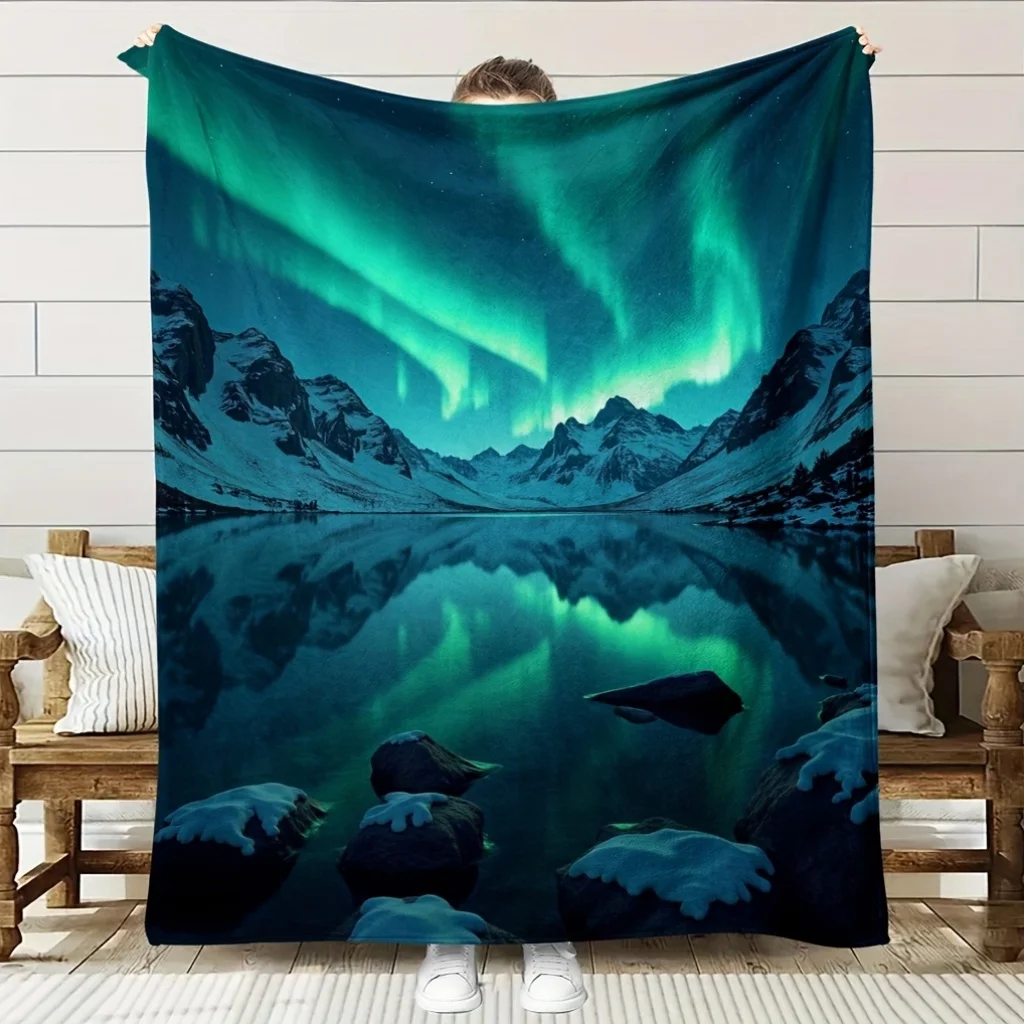 A Cozy Fleece Blanket Featuring an Aurora And Snow Mountain Theme, with Soft High-Definition Digital Printing. It'S a Cooling Bl