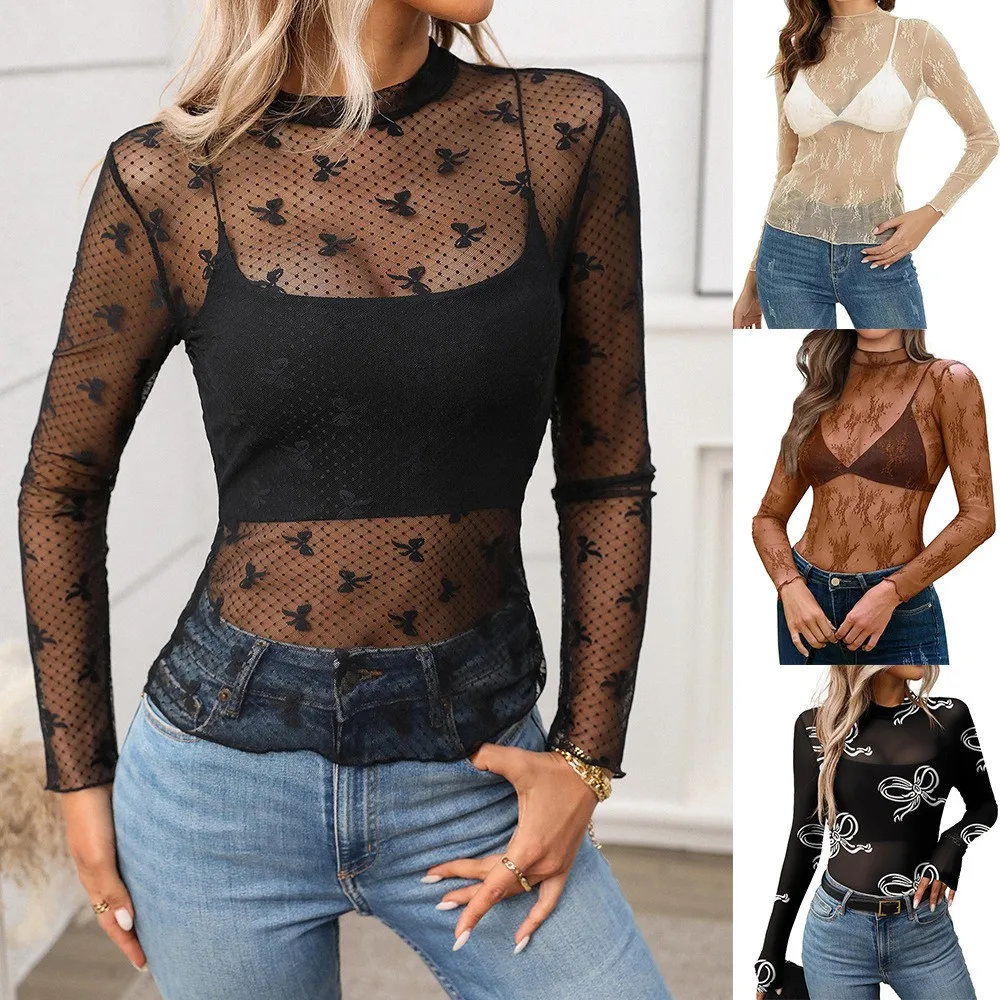 Sheer Long Sleeve Fitted Top Streetwear with Patchwork Regular Length Long Skirt Western Style Pullover Sexy Spring for Women