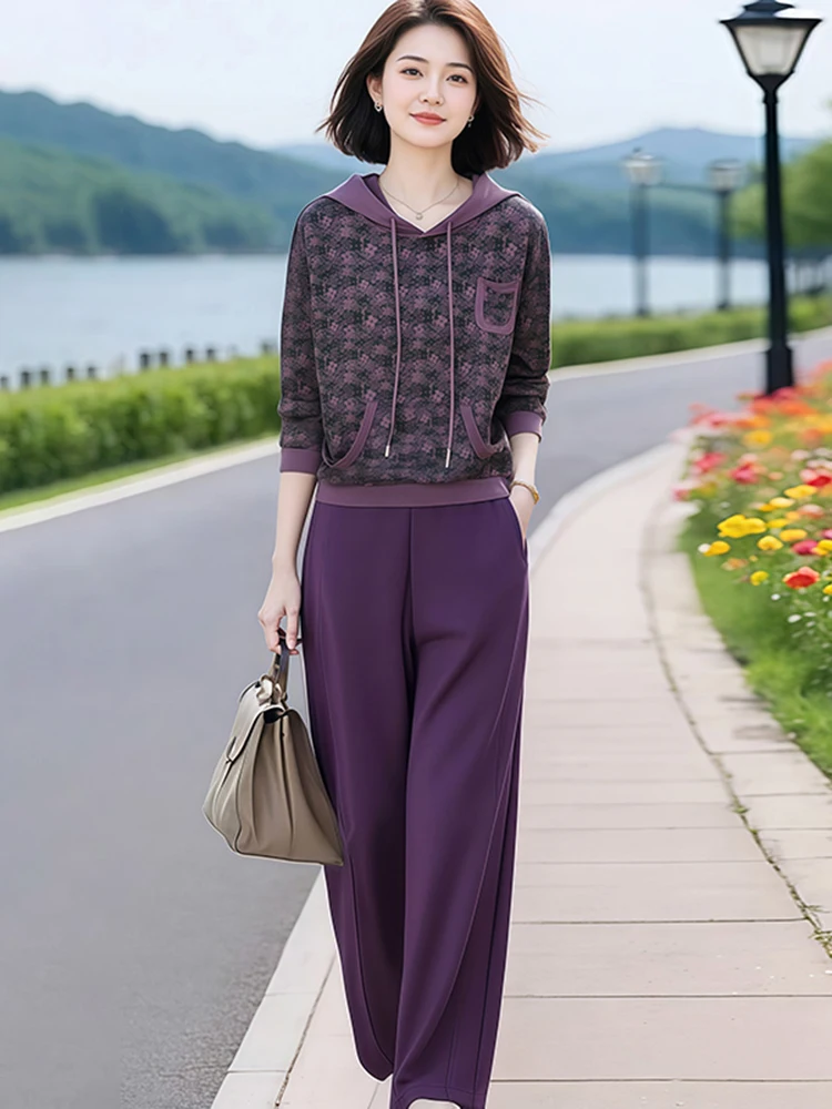 

Fashionable Retro Style Women's Spring Autumn Set with Hood Print Long Sleeve Sweatshirt Casual Harlan Pants High Waist Trousers
