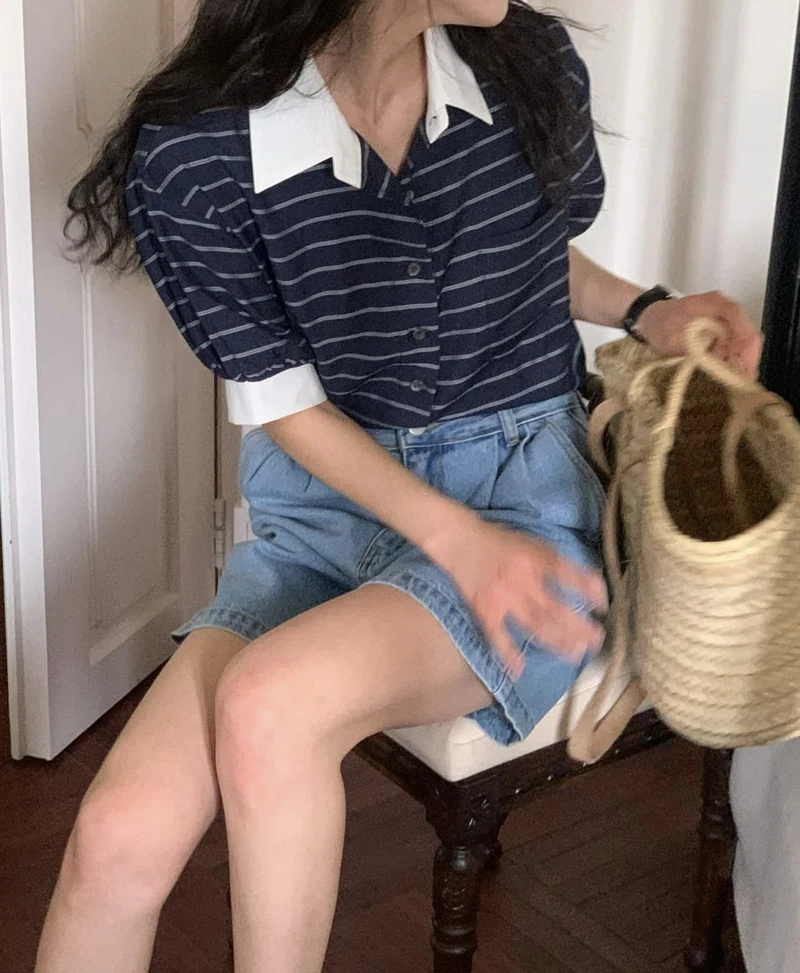 Kantooroverhemd in Koreaanse stijl met kleurblokken en inkepingskraag - Professionele gestreepte werkblouse