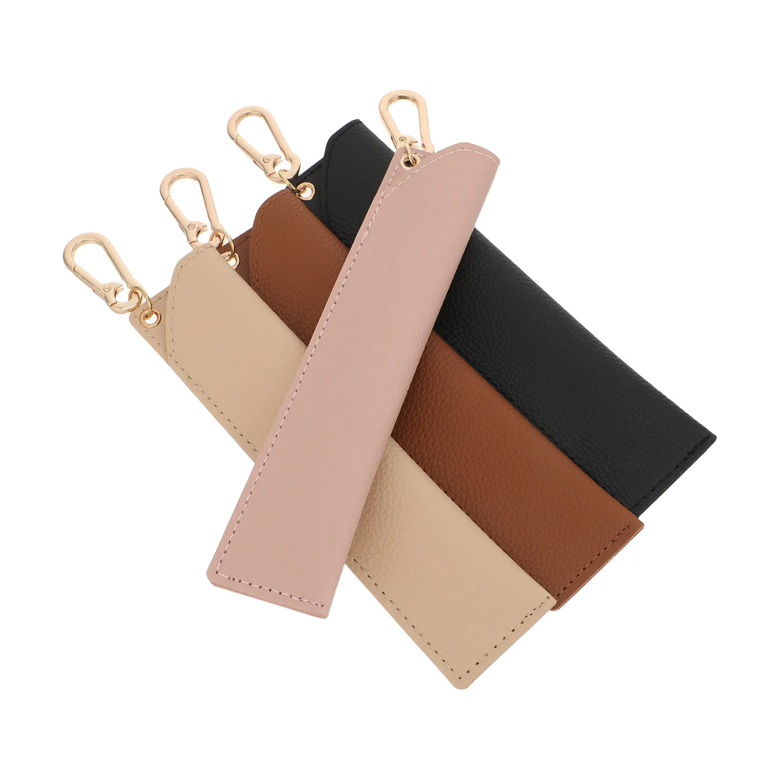 4Pcs Stylish Lychee PU Double Pen Case Slim 16x5cm Portable Pencil Pouch with Hang Buckle for Students Professionals