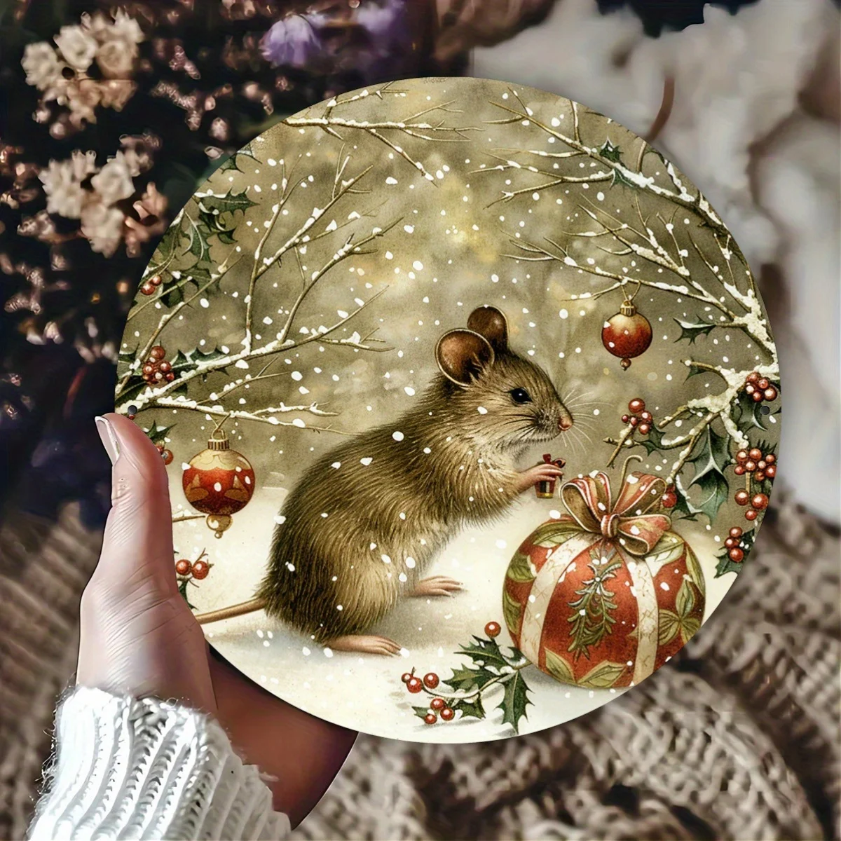 1 Stück Weihnachtsanhänger Festliche Maus Aluminium Aluminiumschild, 20,3 x 20,3 cm rundes Vintage-Foliengravur-Dekor, für Zuhause, Café
