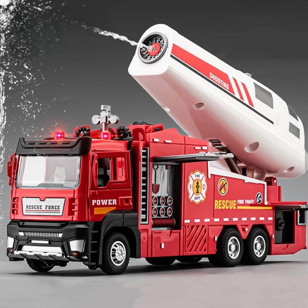 Camión de bomberos con aspersor 1:32, coche de juguete de aleación, modelo fundido a presión, sonido, luz, puertas extraíbles, vehículo de ingeniería abierto, regalo de Festival para niño