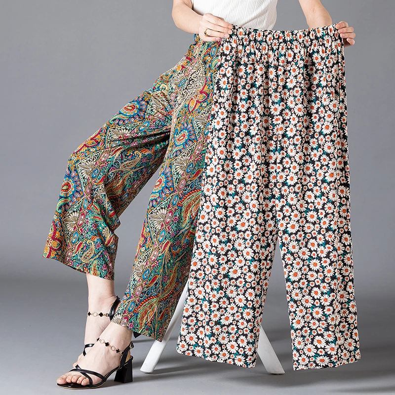 Wide Leg Pants Women Vintage Pants 2023 Korean Casual Bohemian Ankle-Length High Waist Trousers with Sashes Loose Bottoms