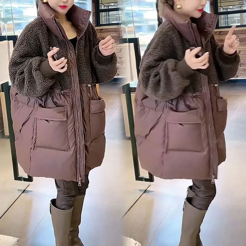 

Женская куртка средней длины на хлопковой подкладке, зимняя модная лоскутная имитация овечьей кожи, свободная теплая женская верхняя одежда большого размера, тренд